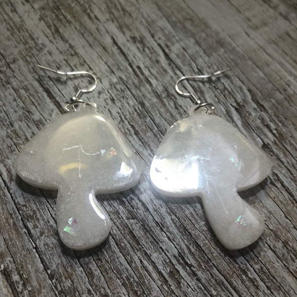 Mushroom Earrings - Handmade Pearlescent & Iridescent Rainbow Confetti - Picture 6 of 8